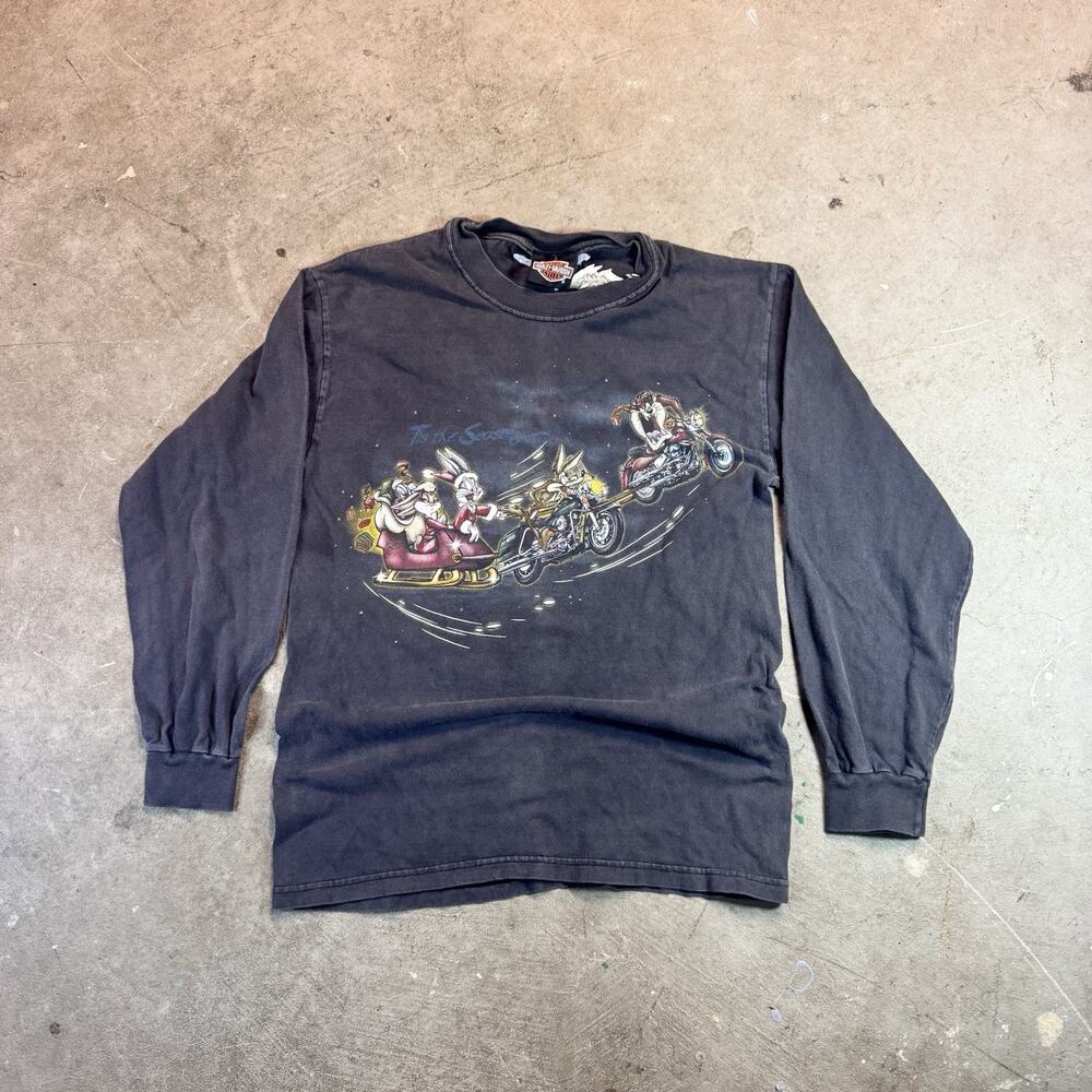 Vtg Rare Harley Davidson Men's Long Sleeve Looney Tunes Christmas Black Shirt S
